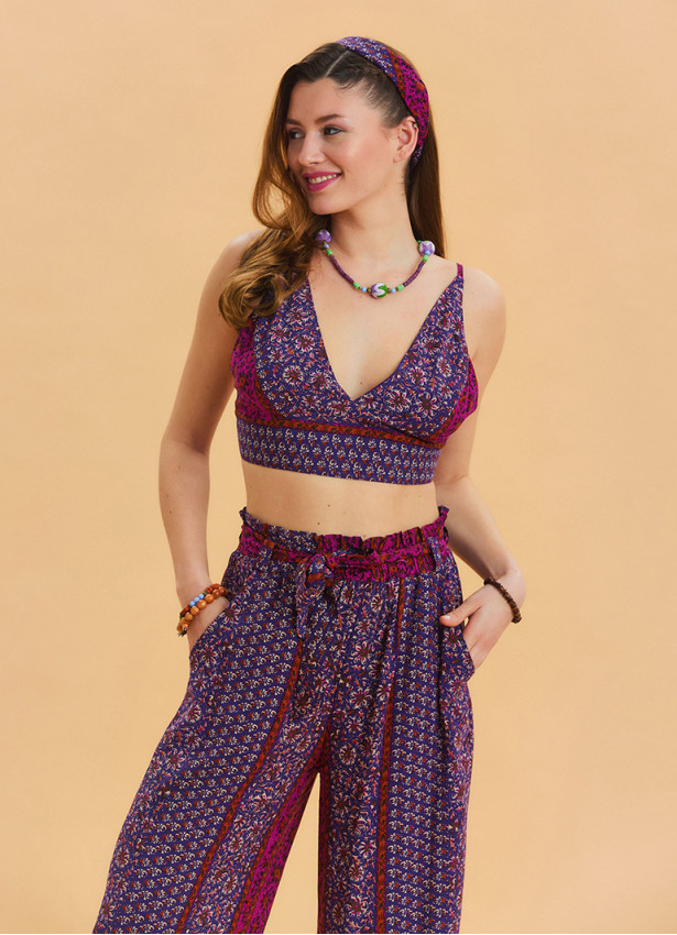 Lace Up Open Back Adjustable Purple Floral Blouse 4648